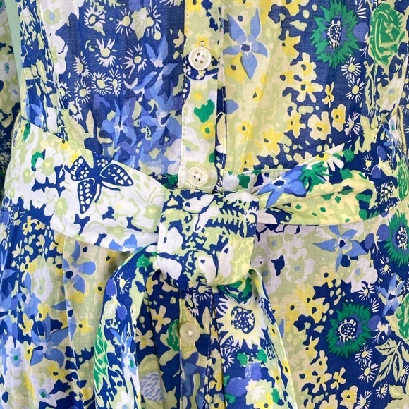 Talbots Cotton Tie Waist Button-Down Split Neck Yellow/Blue Floral Dress Size 4 - Picture 9 of 16